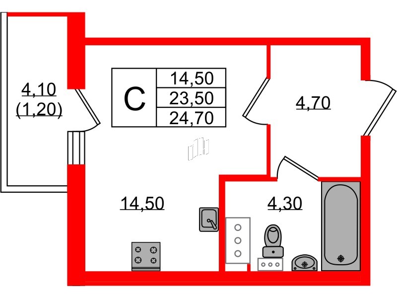 Квартира в ЖК Монография, студия, 24.9 м², 7 этаж