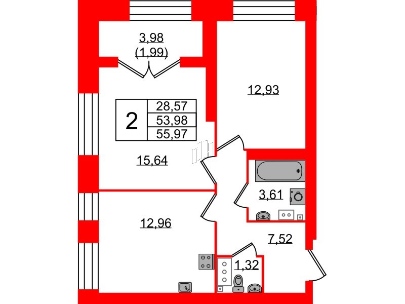 Квартира в ЖК Наука, 2 комнатная, 56.1 м², 2 этаж