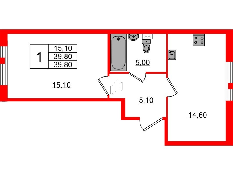 Квартира в ЖК Монография, 1 комнатная, 39.7 м², 2 этаж