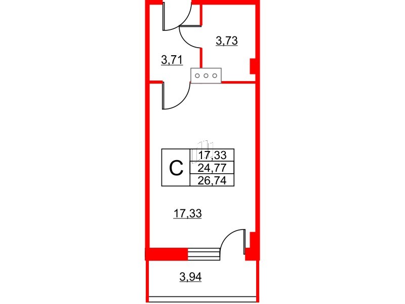 Апартаменты в ЖК Wings, студия, 27.6 м², 10 этаж