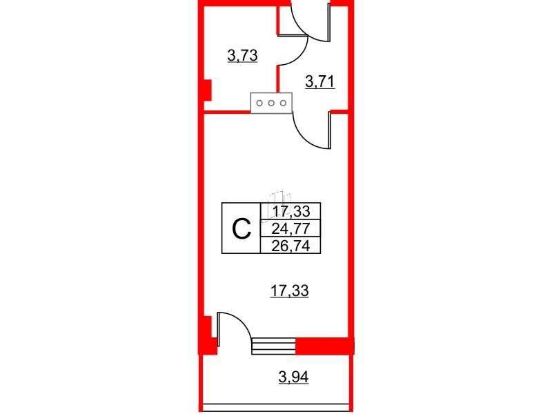 Апартаменты в ЖК Wings, студия, 27.4 м², 10 этаж