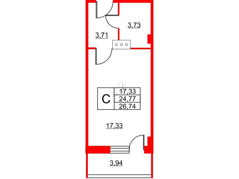 Апартаменты в ЖК Wings, студия, 27.6 м², 9 этаж