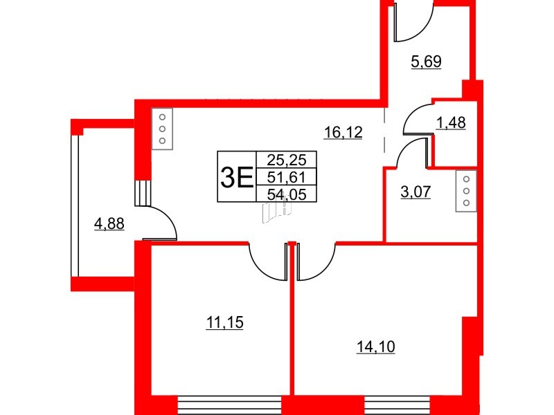 Апартаменты в ЖК Wings, 2 комнатные, 54.8 м², 10 этаж