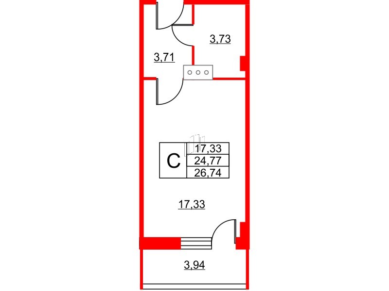Апартаменты в ЖК Wings, студия, 27.6 м², 9 этаж