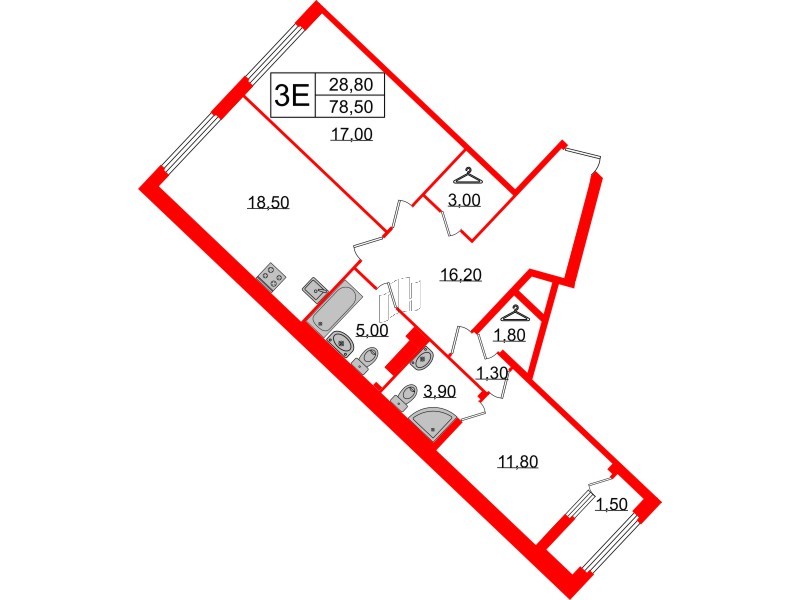 Квартира в ЖК Миръ, 2 комнатная, 78.3 м², 5 этаж