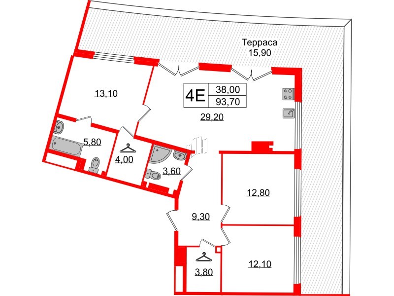 Квартира в ЖК Миръ, 3 комнатная, 93.4 м², 8 этаж