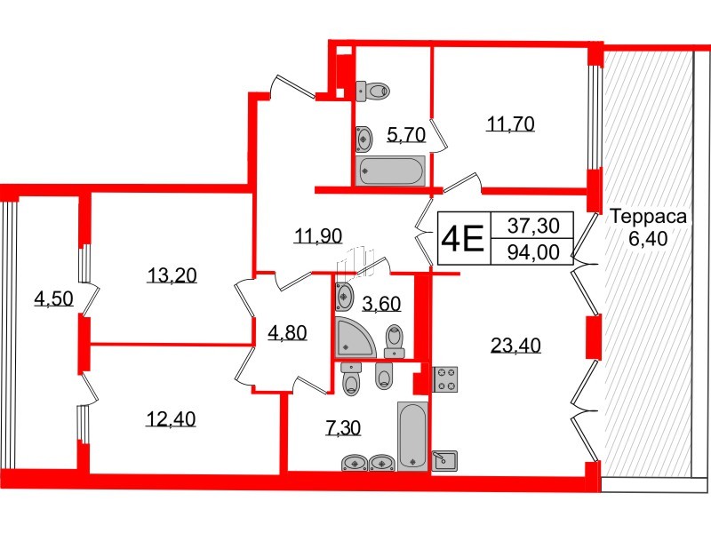 Квартира в ЖК Миръ, 3 комнатная, 93.6 м², 8 этаж