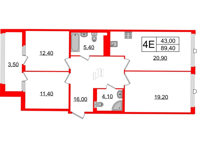 Квартира в ЖК Миръ, 3 комнатная, 89.3 м², 7 этаж