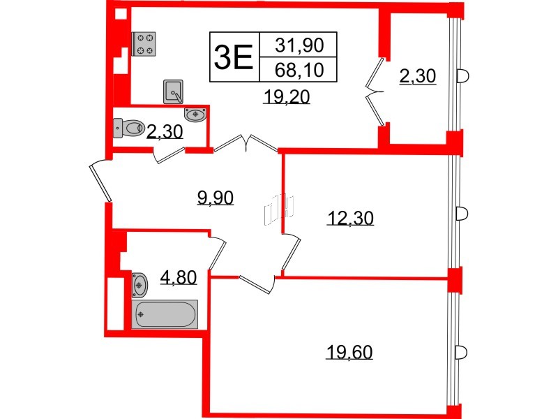 Квартира в ЖК Миръ, 2 комнатная, 68.1 м², 6 этаж