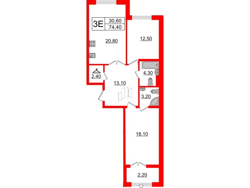 Квартира в ЖК Миръ, 2 комнатная, 74.4 м², 7 этаж