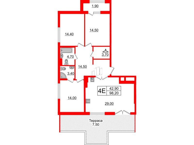 Квартира в ЖК Миръ, 3 комнатная, 97.9 м², 8 этаж