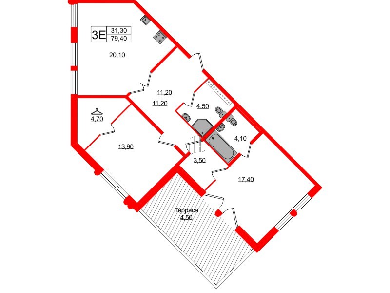 Квартира в ЖК Миръ, 2 комнатная, 79.2 м², 6 этаж