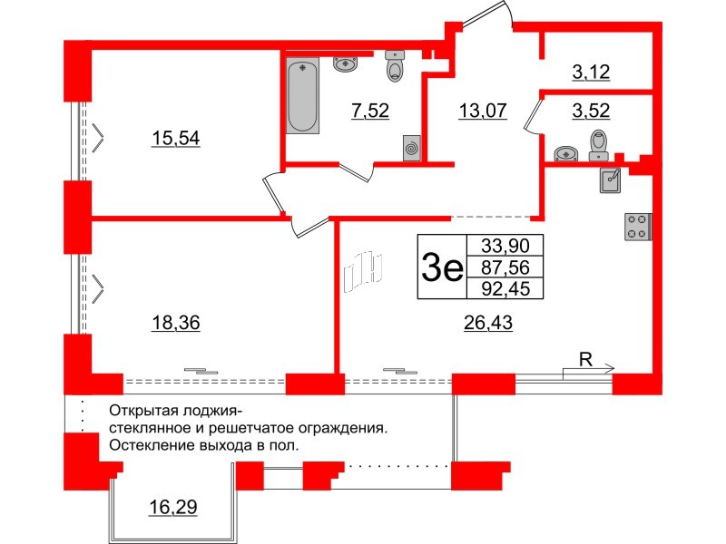 Квартира в ЖК «Империал Клаб», 2 комнатная, 87.56 м², 3 этаж