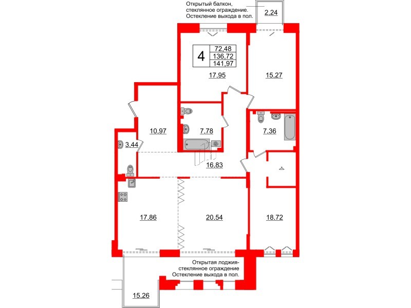 Квартира в ЖК Imperial Club, 4 комнатная, 136.72 м², 4 этаж