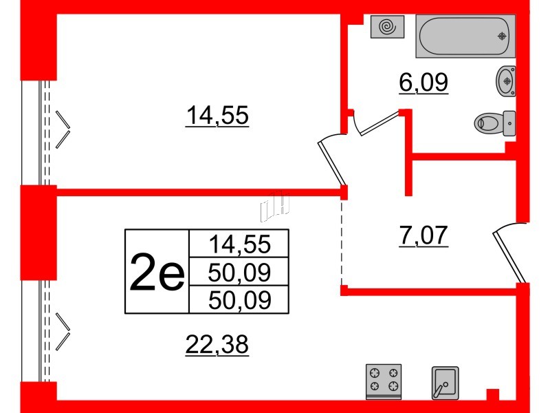 Квартира в ЖК Imperial Club, 1 комнатная, 50.09 м², 2 этаж