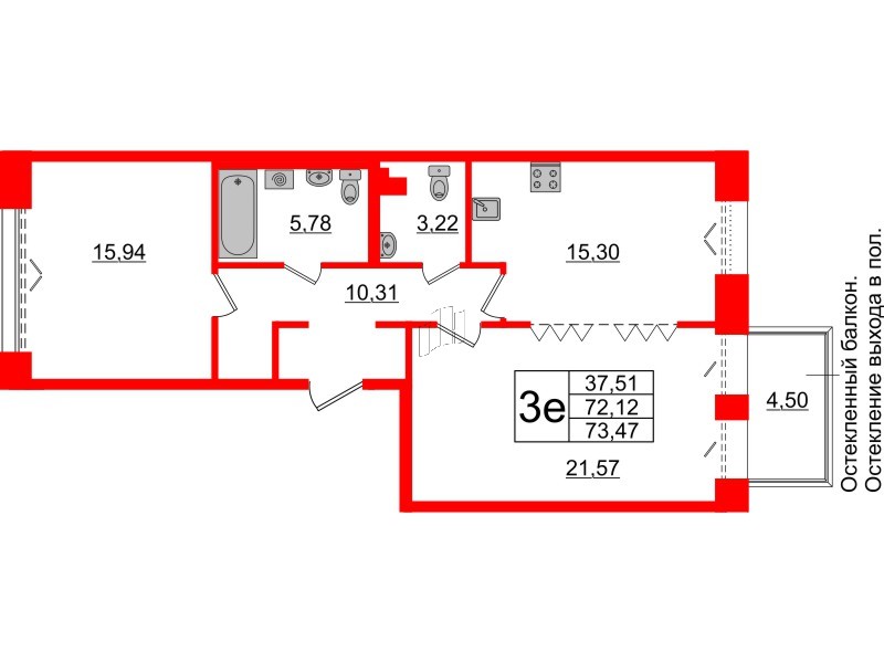 Квартира в ЖК «Империал Клаб», 2 комнатная, 72.12 м², 3 этаж