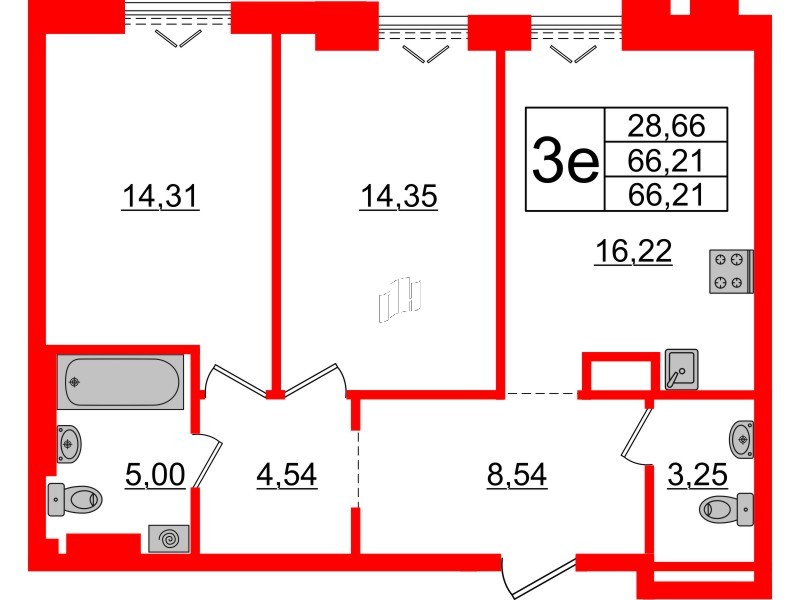 Квартира в ЖК «Империал Клаб», 2 комнатная, 66.21 м², 7 этаж