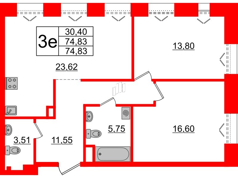 Квартира в ЖК «Империал Клаб», 2 комнатная, 74.83 м², 5 этаж