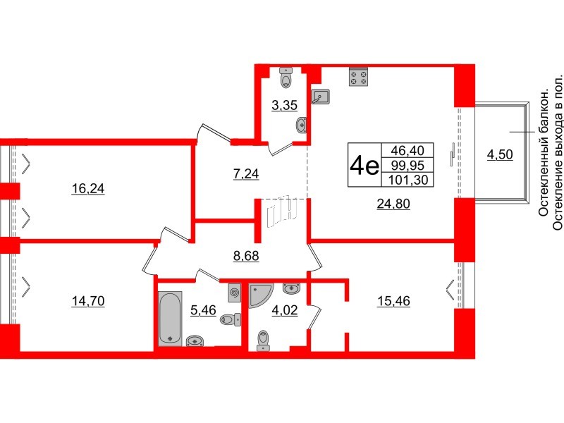Квартира в ЖК Imperial Club, 3 комнатная, 99.95 м², 4 этаж
