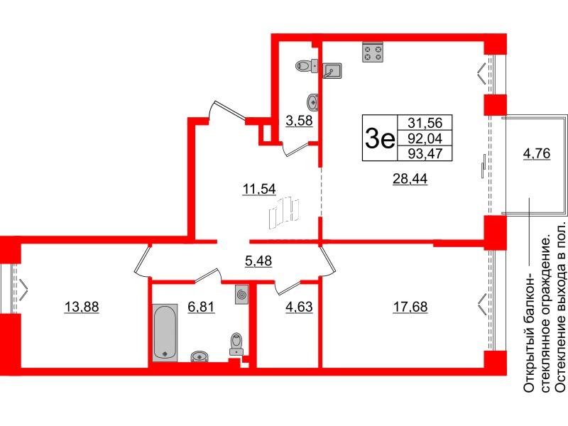 Квартира в ЖК «Империал Клаб», 2 комнатная, 92.04 м², 2 этаж