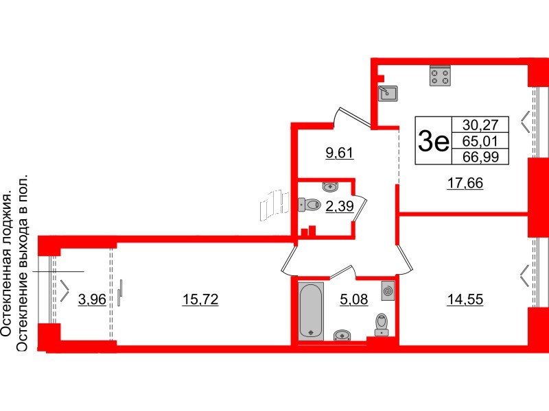 Квартира в ЖК «Империал Клаб», 2 комнатная, 65.01 м², 3 этаж