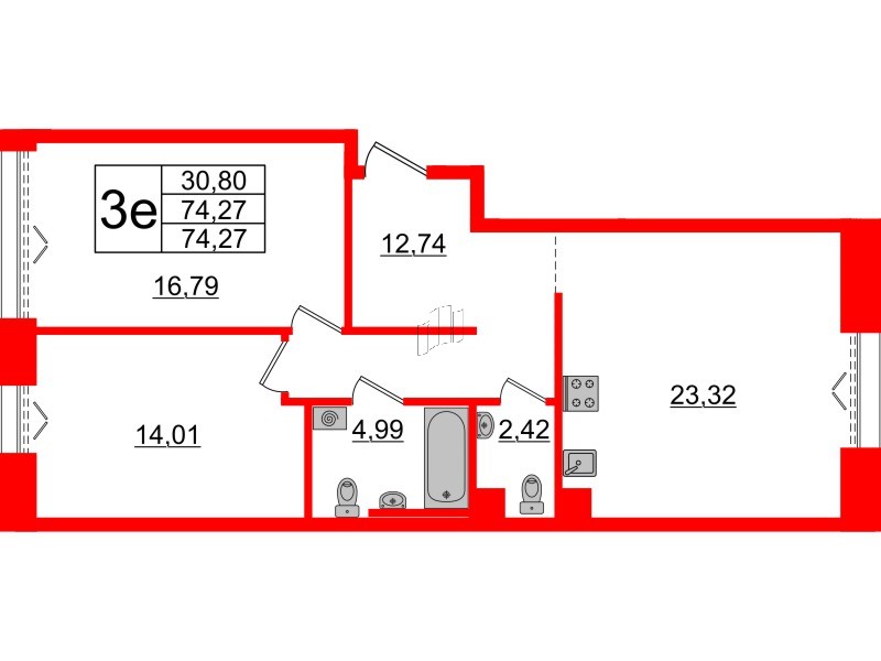 Квартира в ЖК «Империал Клаб», 2 комнатная, 74.27 м², 5 этаж
