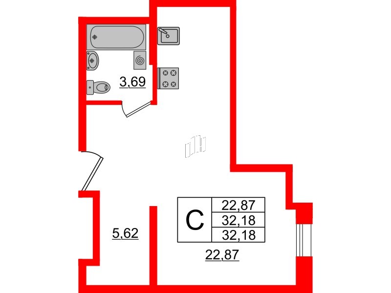 Апартаменты в ЖК ZOOM Черная речка, студия, 32.18 м², 13 этаж