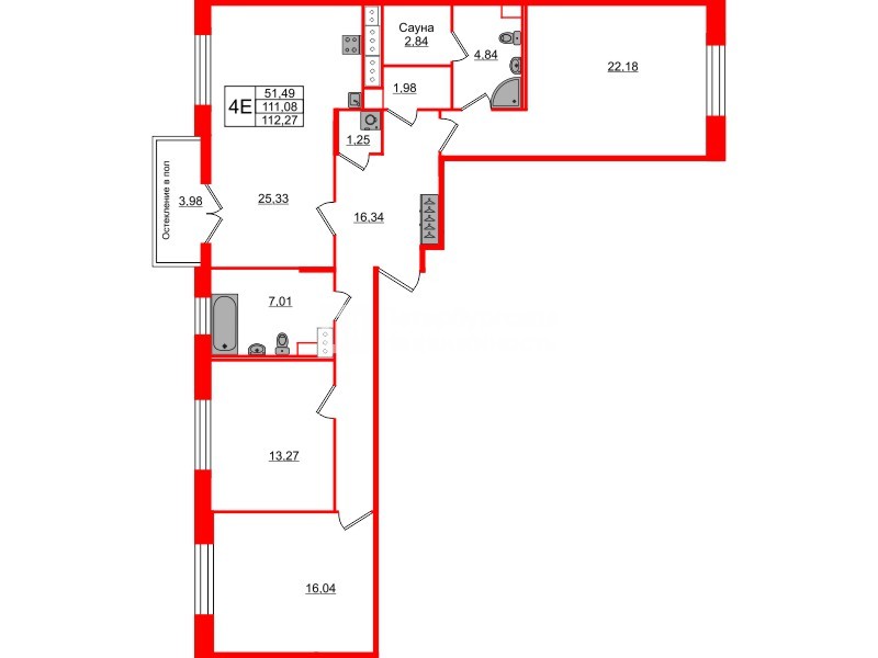Квартира в ЖК «Сенат в Московском», 3 комнатная, 108.8 м², 3 этаж