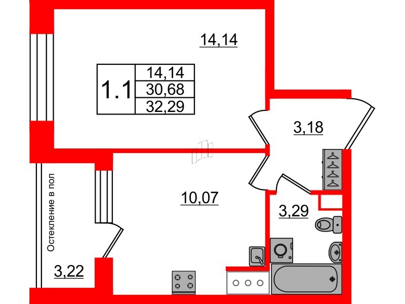 Квартира в ЖК «Сенат в Московском», 1 комнатная, 30.68 м², 3 этаж