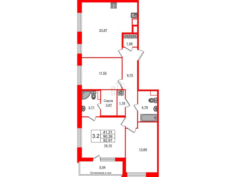 Квартира в ЖК «Сенат в Московском», 3 комнатная, 89 м², 1 этаж