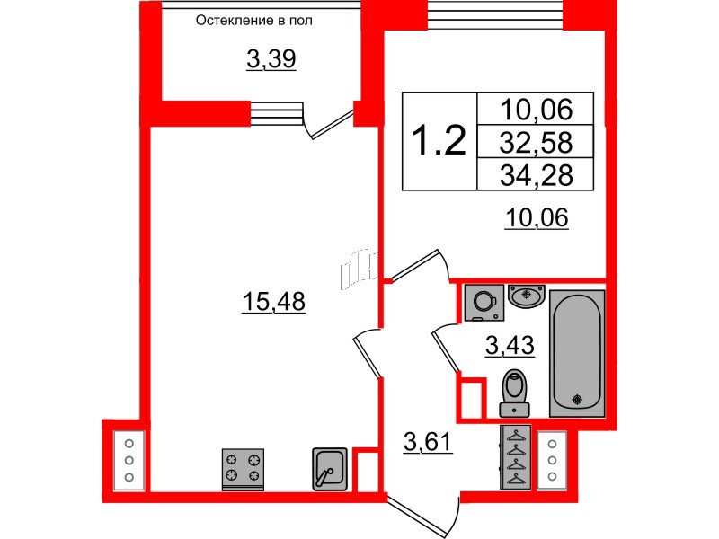 Квартира в ЖК «Сенат в Московском», 1 комнатная, 32.58 м², 9 этаж