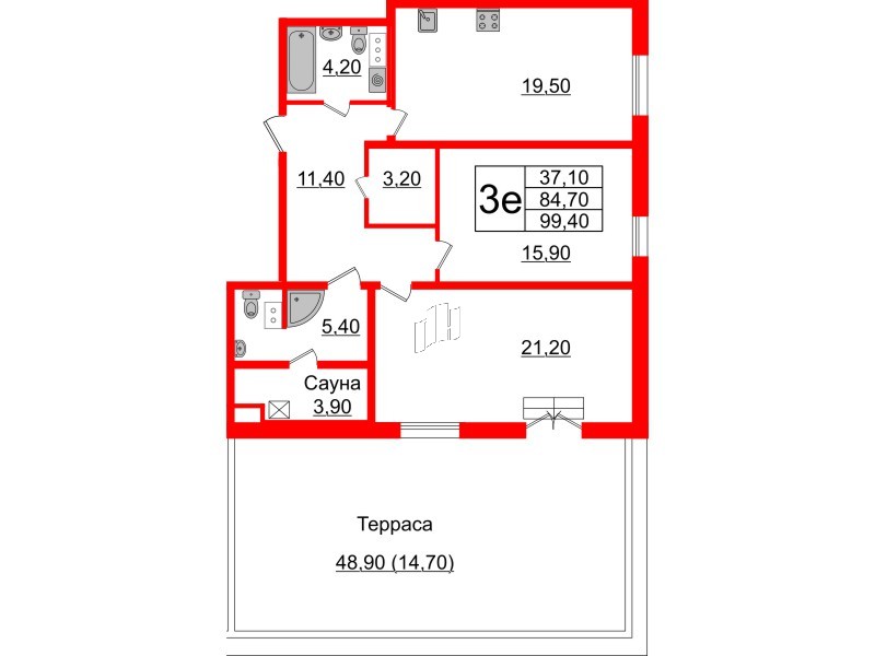 Квартира в ЖК Upoint на Пискарёвском, 2 комнатная, 99.4 м², 4 этаж