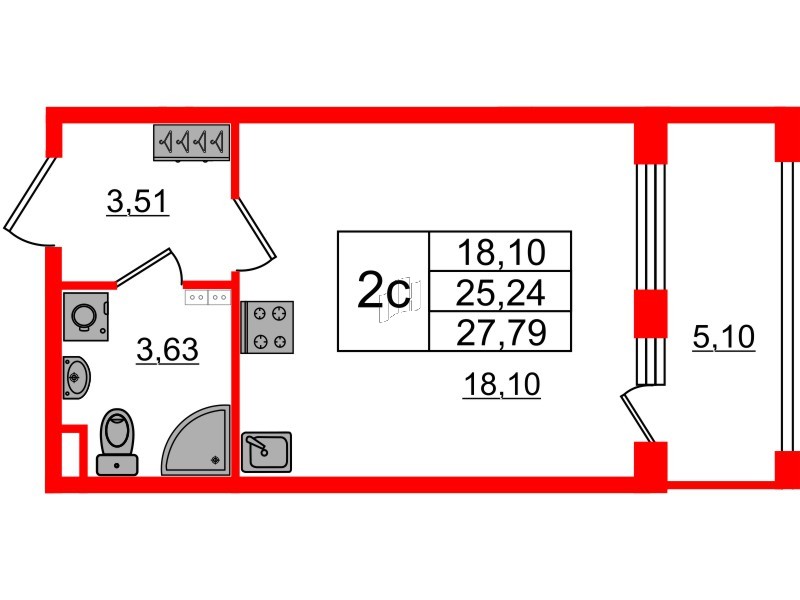 Квартира в ЖК «Дворцовый фасад», студия, 25 м², 3 этаж