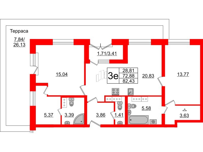 Квартира в ЖК БелАРТ, 2 комнатная, 82.43 м², 21 этаж