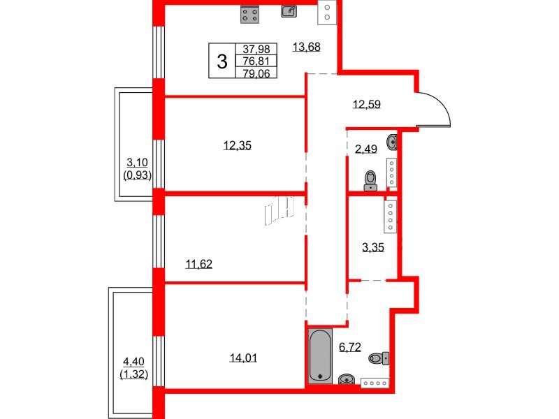 Квартира в ЖК FRIENDS, 3 комнатная, 78 м², 22 этаж