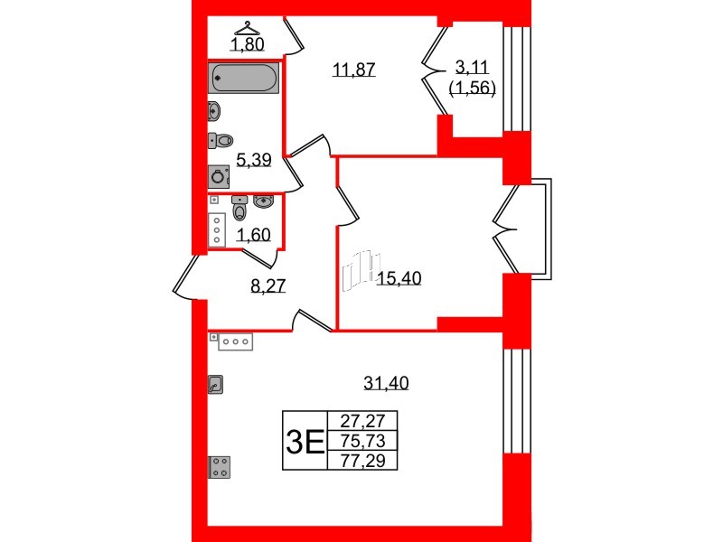Квартира в ЖК Наука, 2 комнатная, 80.9 м², 12 этаж