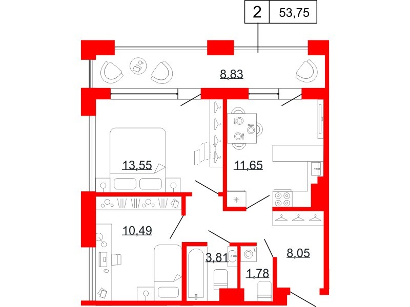 Квартира в ЖК Коллекционный дом 1919, 2 комнатная, 53.74 м², 7 этаж