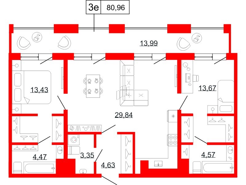 Квартира в ЖК Коллекционный дом 1919, 2 комнатная, 80.96 м², 9 этаж