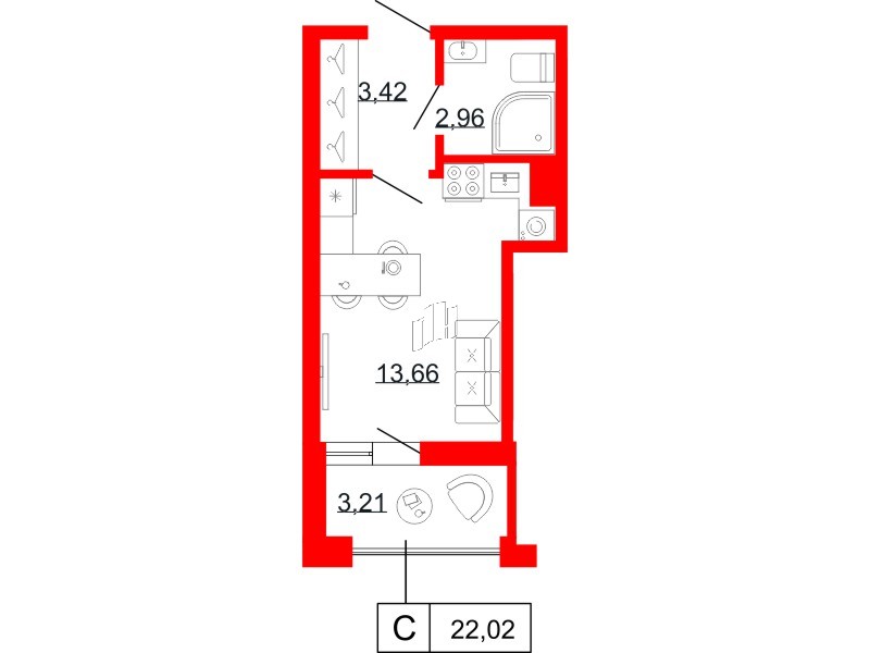 Квартира в ЖК Коллекционный дом 1919, студия, 22.02 м², 7 этаж