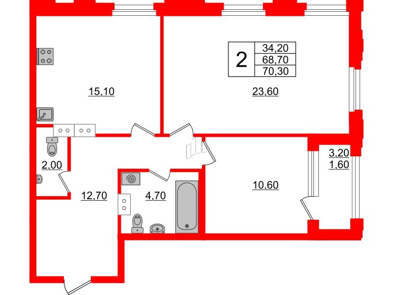 Квартира в ЖК Тайм Сквер, 2 комнатная, 70.3 м², 2 этаж