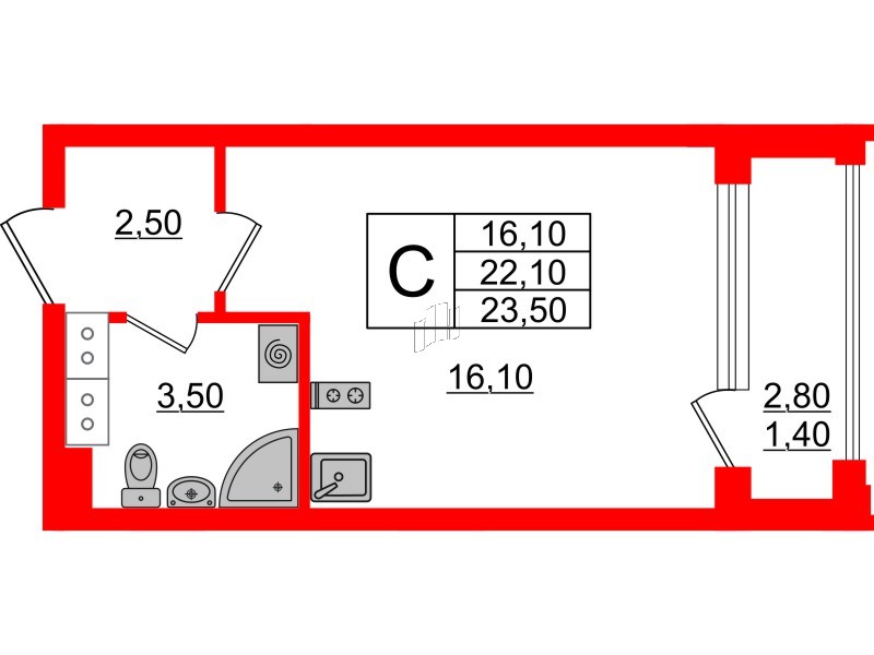 Квартира в ЖК Тайм Сквер, студия, 23.5 м², 7 этаж