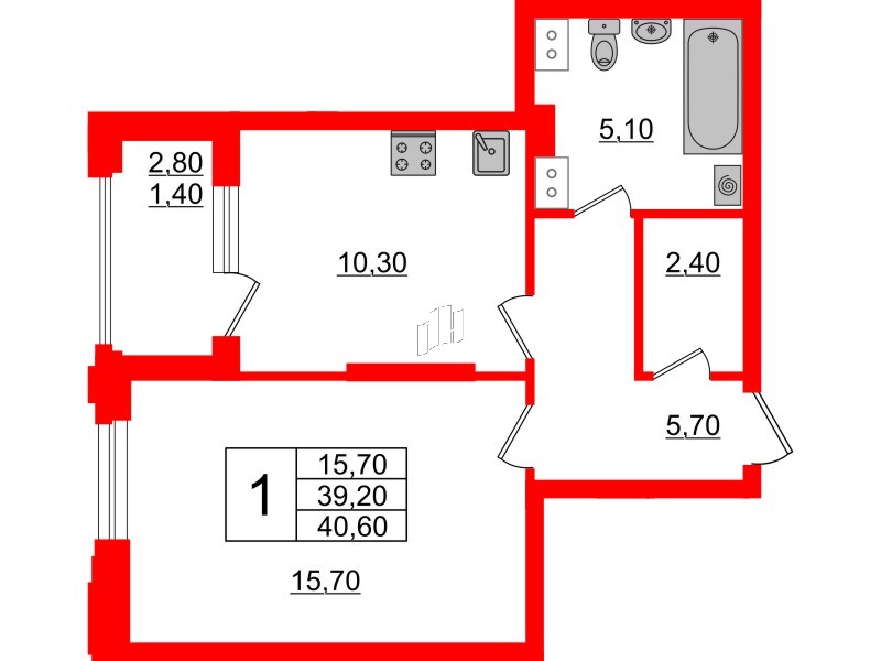 Квартира в ЖК Тайм Сквер, 1 комнатная, 40.6 м², 10 этаж