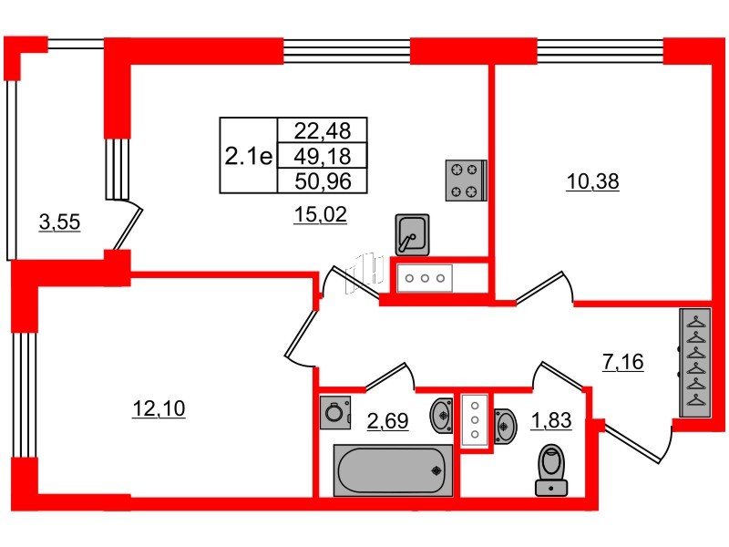 Квартира в ЖК «Город звёзд», 2 комнатная, 49.18 м², 4 этаж
