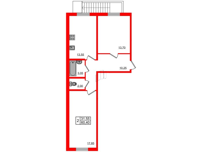 Планировка — 2-комн квартира, 60,7 м² в ЖК «Granholm Village»