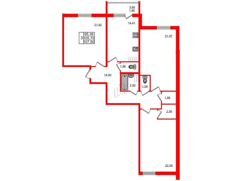 Квартира в ЖК Granholm Village, 3 комнатная, 108.1 м², 3 этаж