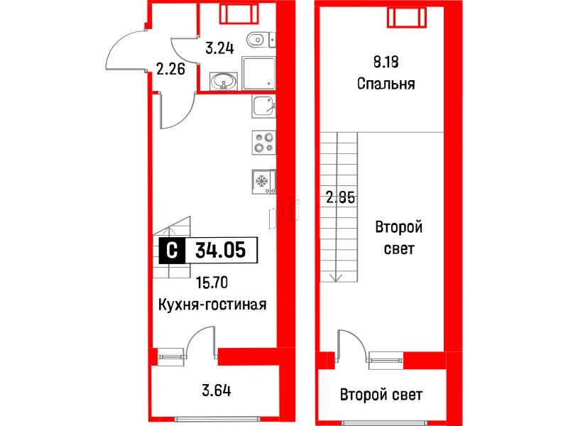 Квартира в ЖК Графика, студия, 34.05 м², 13 этаж