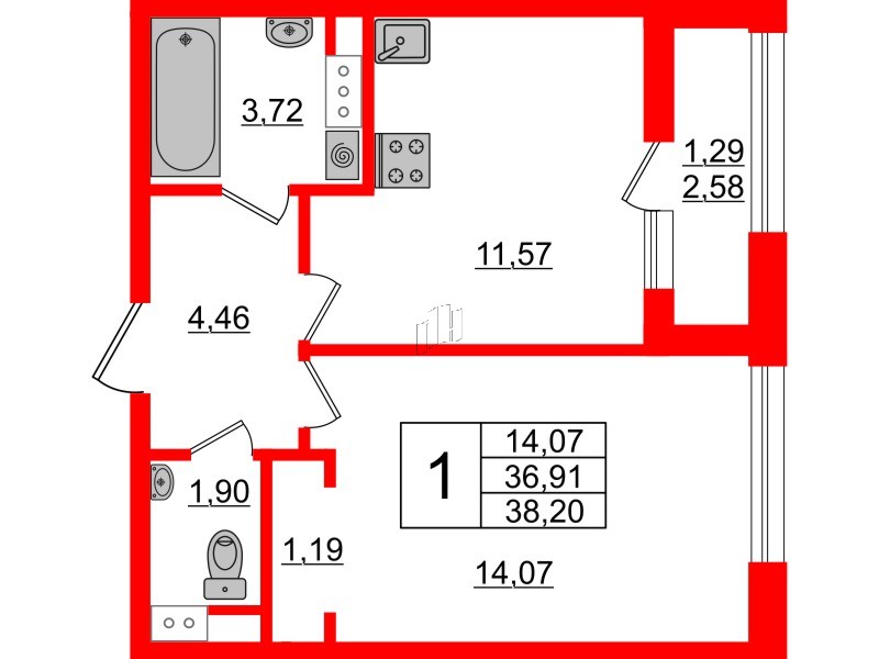 Квартира в ЖК Академик, 1 комнатная, 38.2 м², 5 этаж