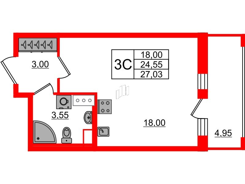 Квартира в ЖК «Город звёзд», студия, 24.55 м², 12 этаж
