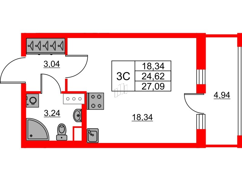 Квартира в ЖК «Город звёзд», студия, 24.62 м², 15 этаж