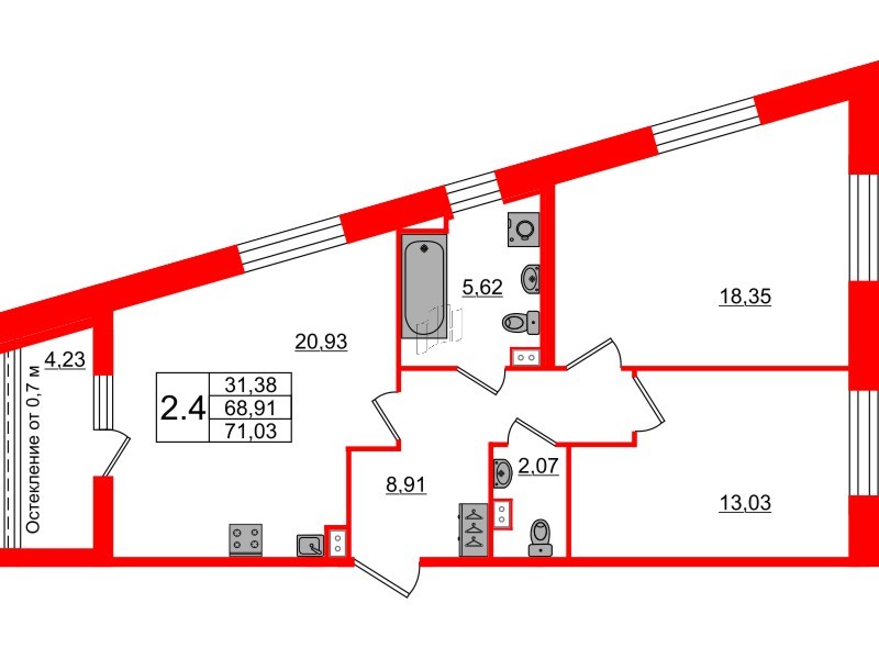 Квартира в ЖК Прайм Приморский, 2 комнатная, 68.4 м², 2 этаж